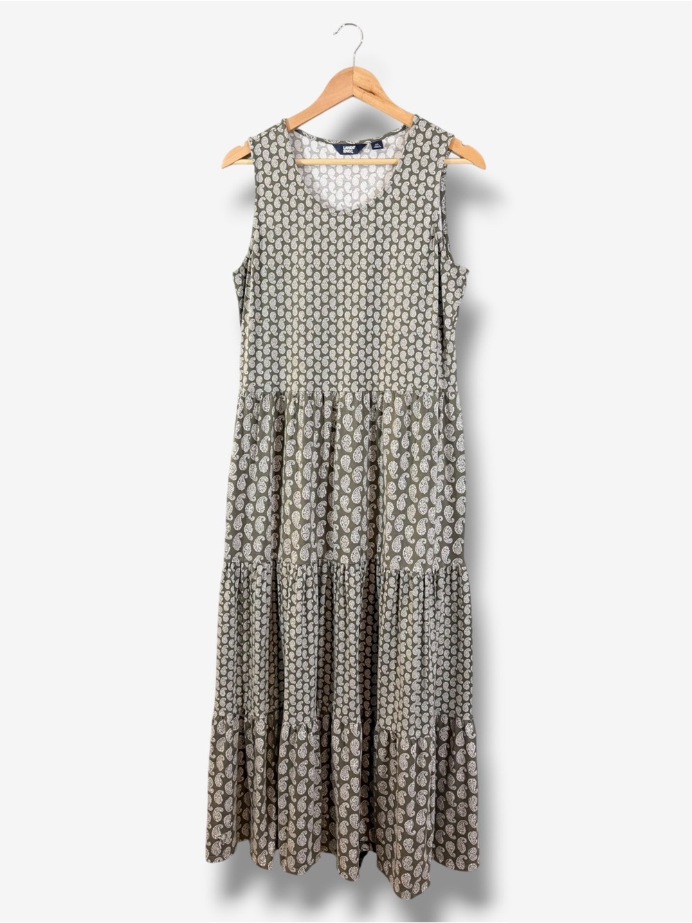 Lands End Green Paisley Print Maxi Dress Size M 10/12 Sleeveless Tiered Casual